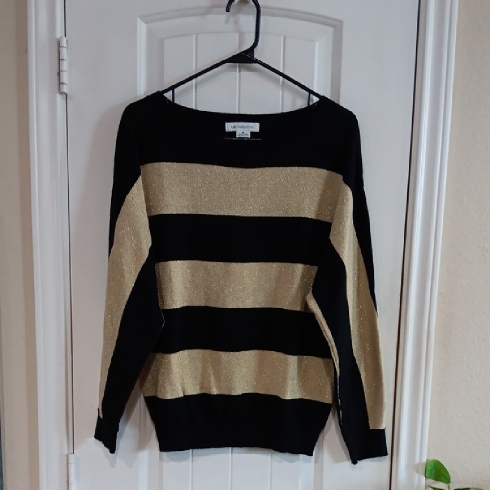 Liz Claiborne Black Gold Metallic Shimmer Striped Boatneck Knit Sweater Med